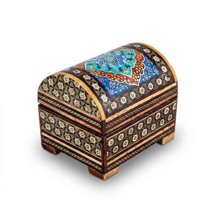 Khatam Micro-Mosaic & Hand-Painted Dome Jewellery Chest — Polychrome Medallion Lid