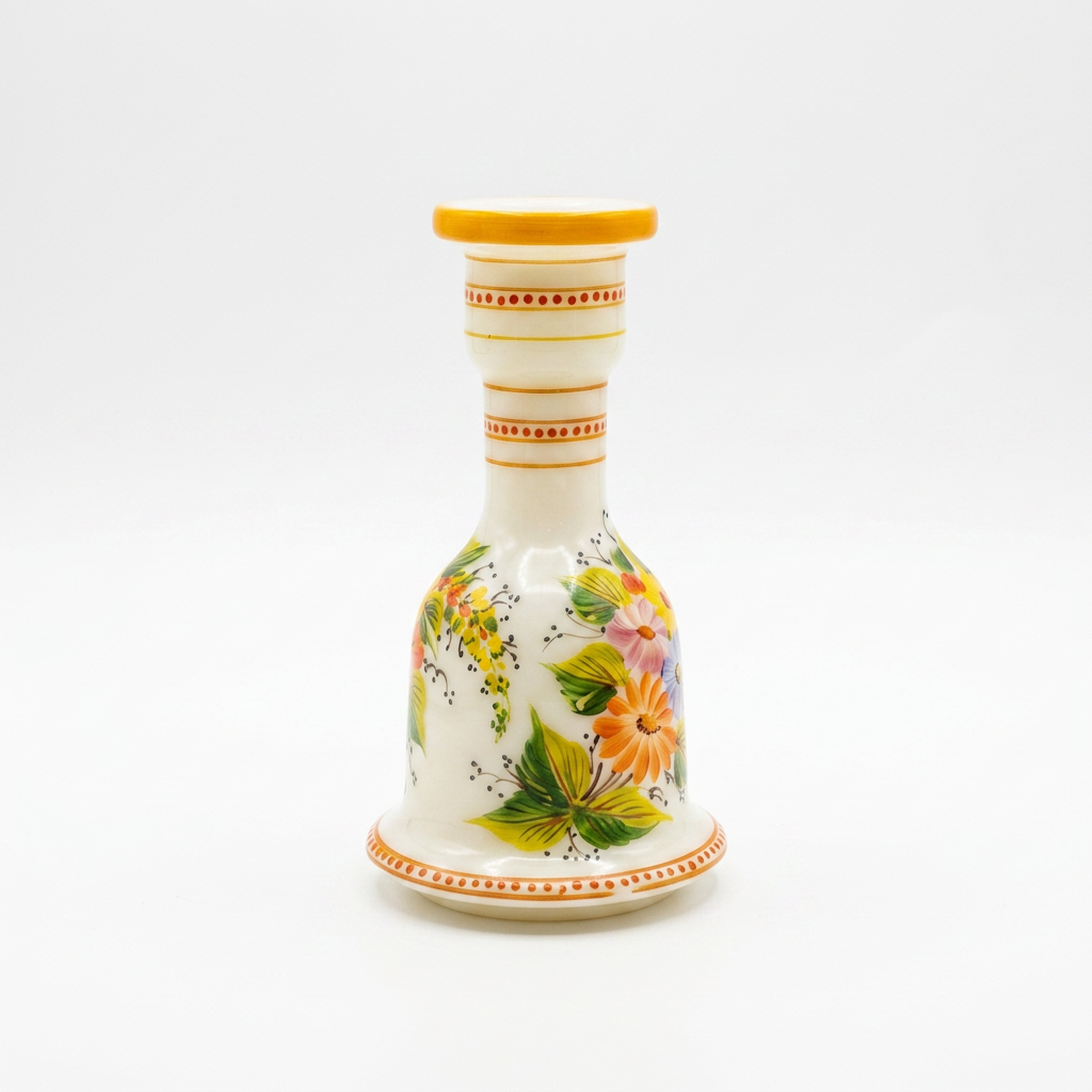 Opaline Glass Bud Vase — Ivory Ground with Hand-Painted Floral Bouquet & Saffron Bands — Set of 2