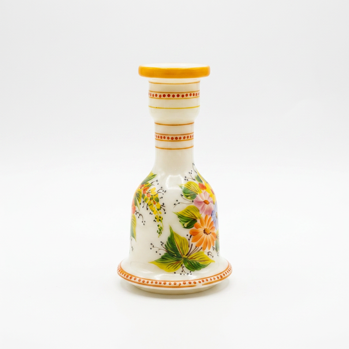Opaline Glass Bud Vase — Ivory Ground with Hand-Painted Floral Bouquet & Saffron Bands — Set of 2