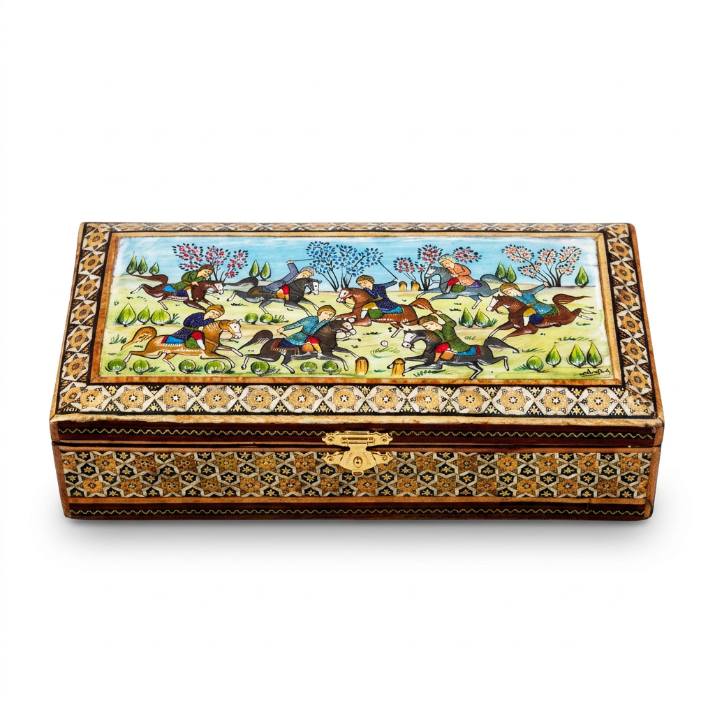 Khatam Micro-Mosaic Box — Hand-Painted Polo Miniature Lid