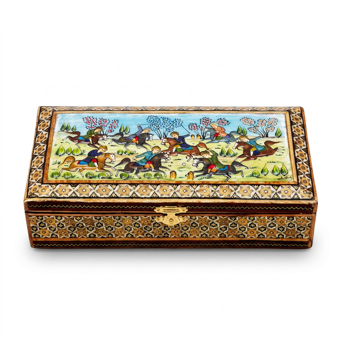 Khatam Micro-Mosaic Box — Hand-Painted Polo Miniature Lid