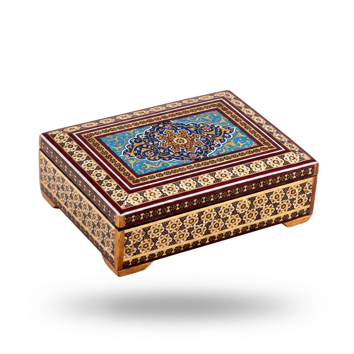 Khatam Micro-Mosaic & Enamel Jewellery Box — Cobalt Blue Floral Star Medallion Lid