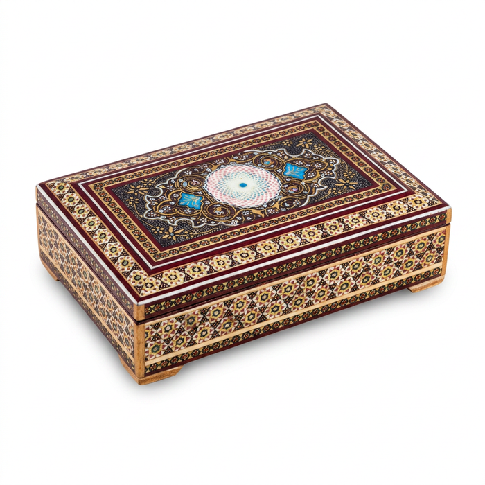 Khatam Micro-Mosaic & Enamel Jewellery Box — Arabesque Medallion Lid with Burgundy Velvet Interior