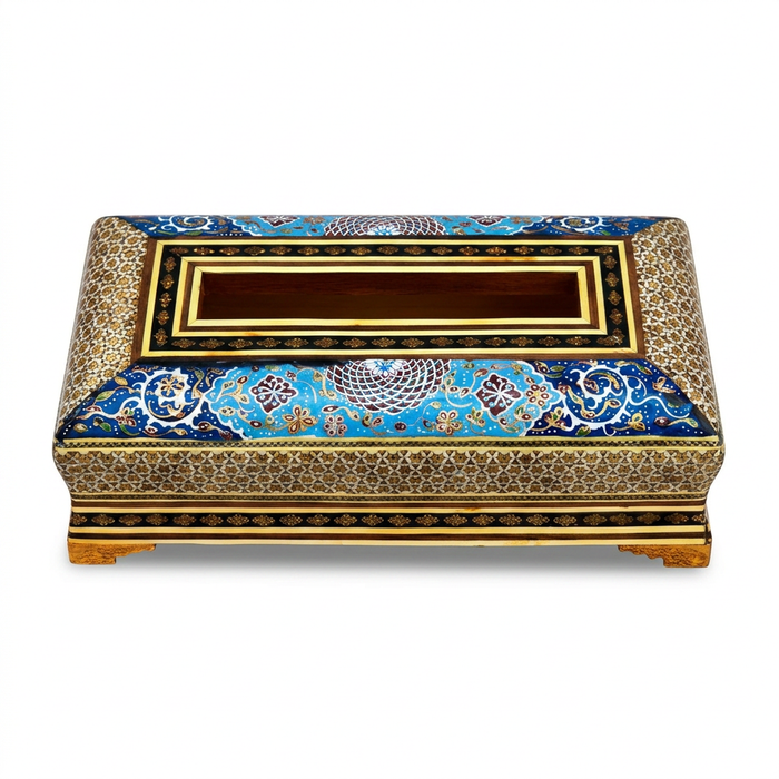 Khatam Micro-Mosaic & Enamel Tissue Box Holder — Polychrome Floral on Cobalt Blue