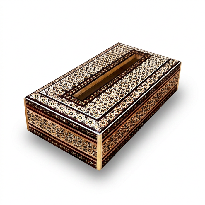 Khatam Micro-Mosaic Tissue Box Holder — Full Geometric Star Inlay