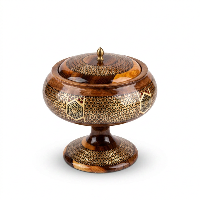 Khatam Micro-Mosaic Turned Wood Lidded Bowl — Geometric Star Inlay with Brass Finial