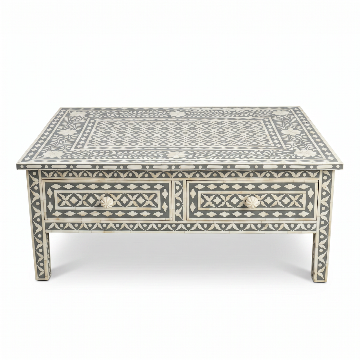 Camel Bone & Grey Resin Square Coffee Table — Geometric Inlay with Two Drawers