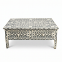 Camel Bone & Grey Resin Square Coffee Table — Geometric Inlay with Two Drawers