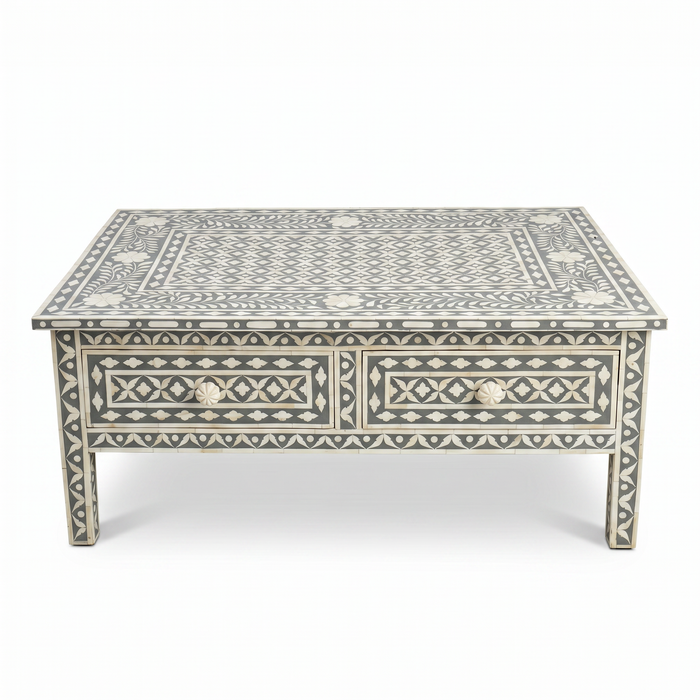 Camel Bone & Grey Resin Square Coffee Table — Geometric Inlay with Two Drawers