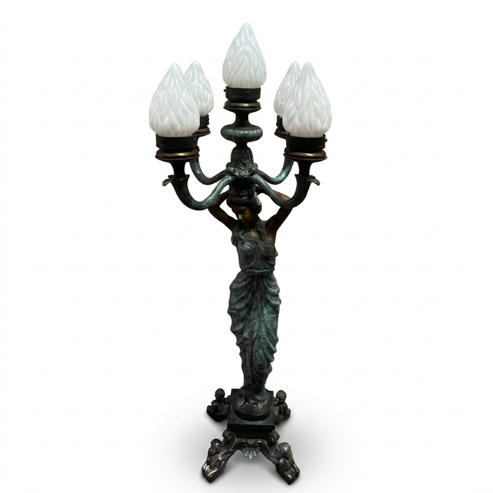 Bronze Figural Five-Arm Torchère Floor Lamp — Classical Female Figure with Flame Shades — Set of 2