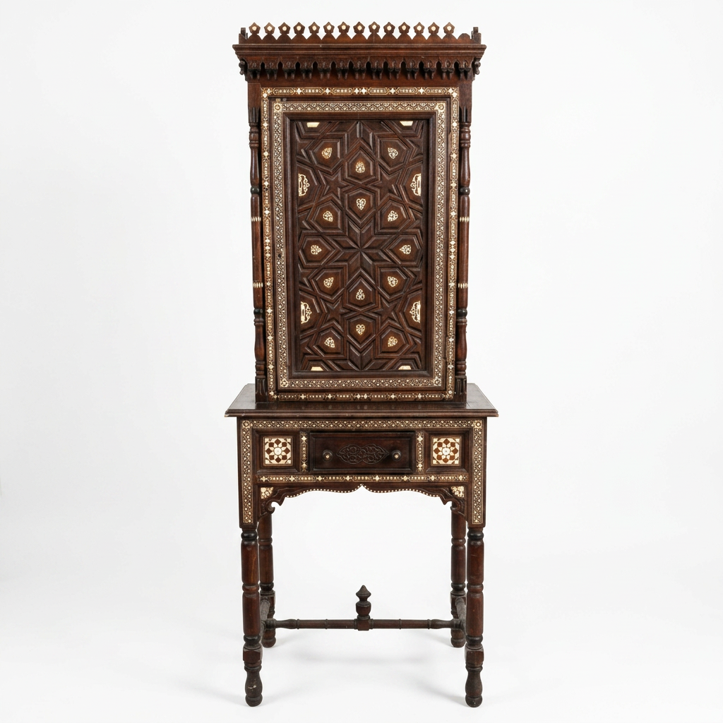 Carved Wood, Camel Bone & Mother of Pearl Cabinet on Stand — Moorish Star Door with Crenellated Crown