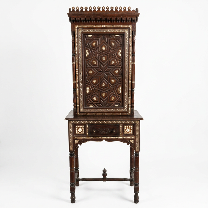 Carved Wood, Camel Bone & Mother of Pearl Cabinet on Stand — Moorish Star Door with Crenellated Crown