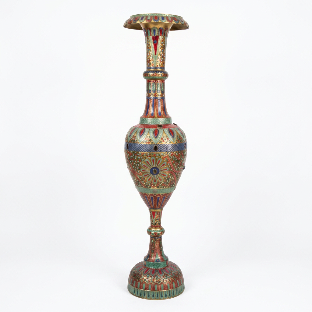Hand-Painted Brass Floor Vase — Polychrome Enamel & Pearl Inlay on Amphora Form
