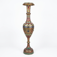 Hand-Painted Brass Floor Vase — Polychrome Enamel & Pearl Inlay on Amphora Form