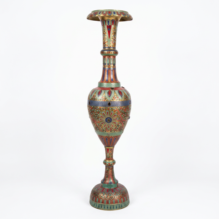 Hand-Painted Brass Floor Vase — Polychrome Enamel & Pearl Inlay on Amphora Form