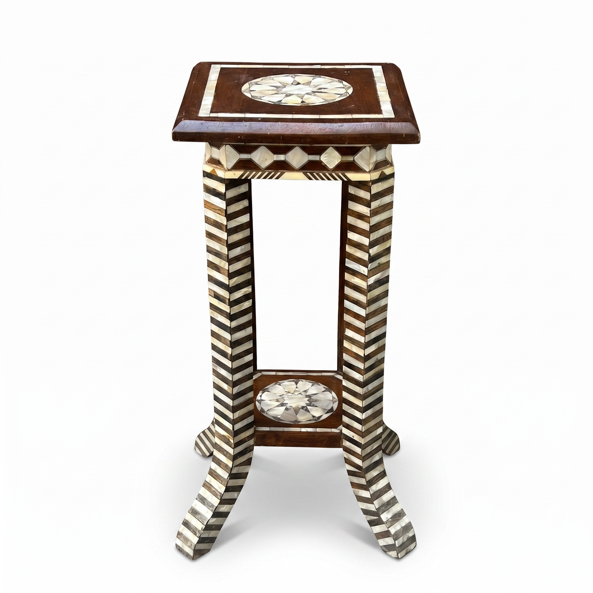 Mother of Pearl & Wood Pedestal Table — Chevron Stripe & Rosette Medallion