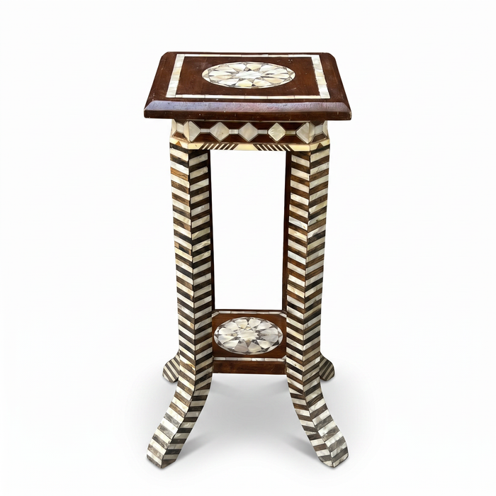 Mother of Pearl & Wood Pedestal Table — Chevron Stripe & Rosette Medallion