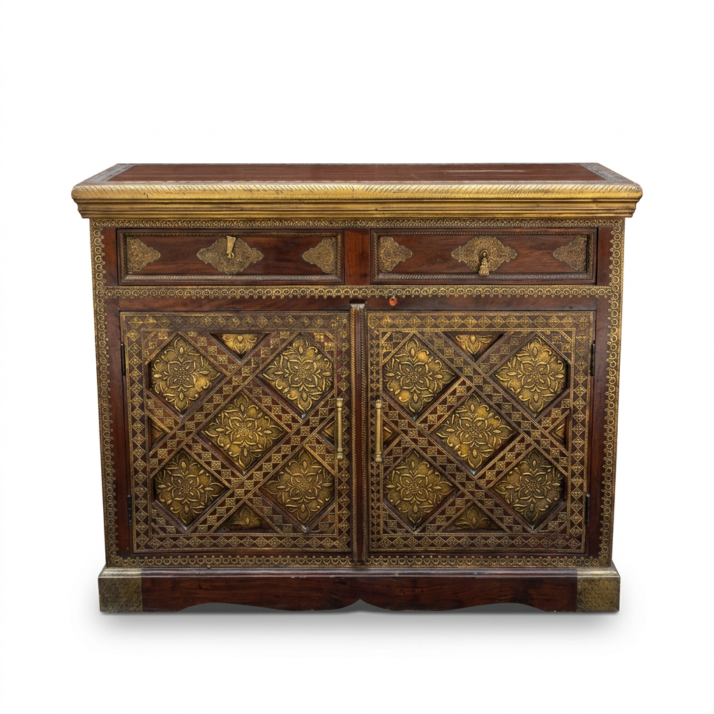 Walnut & Embossed Brass Sideboard — Diamond Lattice Floral Repousse with Two Doors