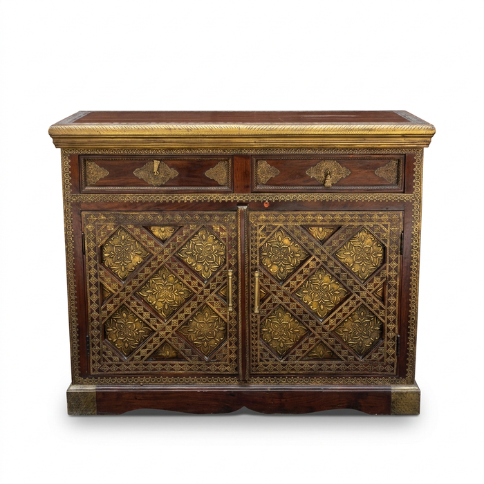 Walnut & Embossed Brass Sideboard — Diamond Lattice Floral Repousse with Two Doors