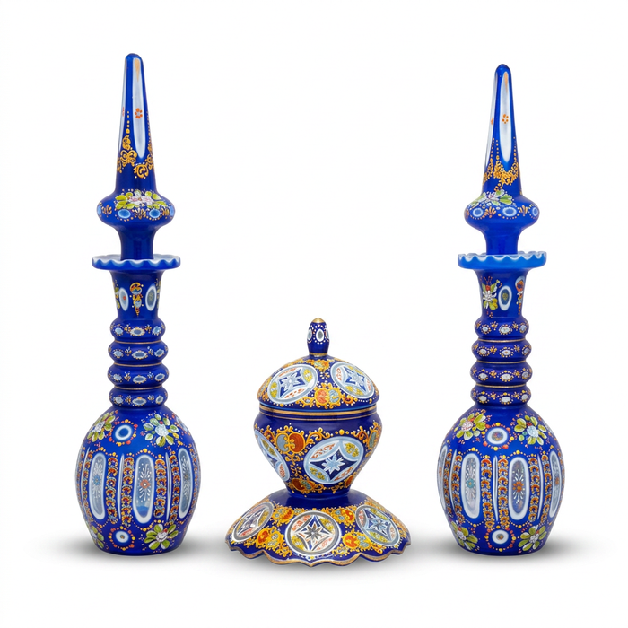 Hand-Painted Cobalt Blue Glass Decorative Set — Polychrome Floral & Gold Arabesque — Set of 3