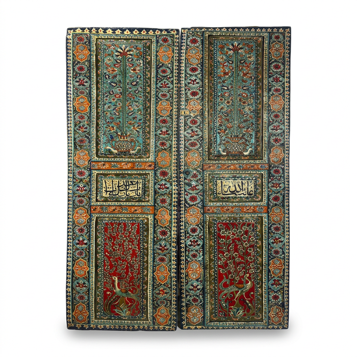 Antique Hand-Painted Enamel Double Door — Polychrome Floral, Calligraphy & Peacock Panels