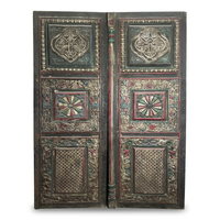 Antique Polychrome Carved Double Door — Calligraphy Medallions & Floral Panels