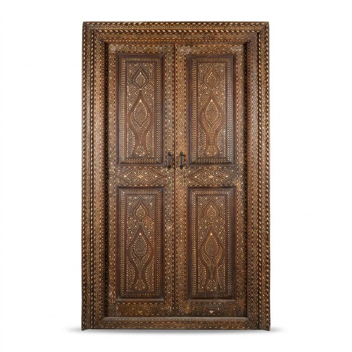 Hand-Inlaid Double Door — Camel Bone & Wood in Arabesque Lattice