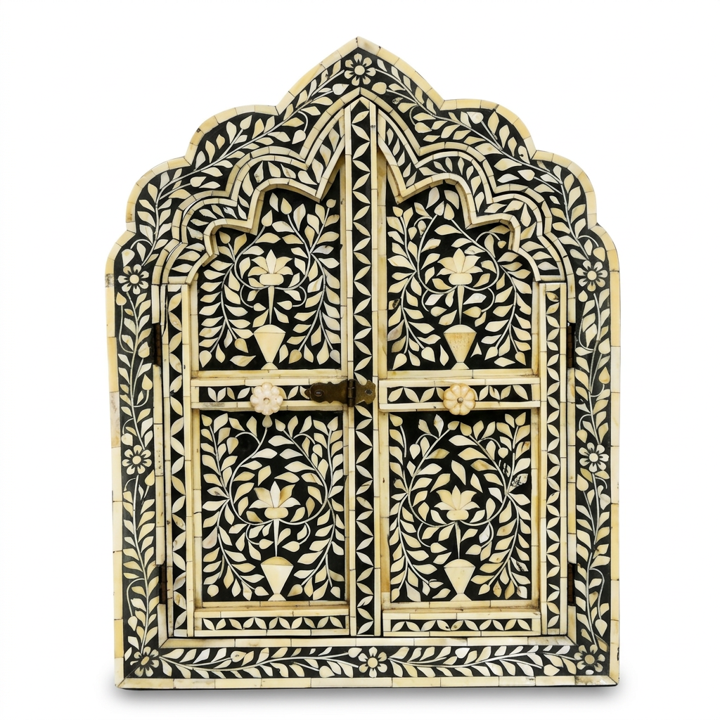 Hand-Inlaid Moorish Arch Cabinet — Camel Bone on Black Resin with Floral Vine Panels
