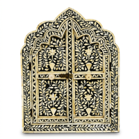 Hand-Inlaid Moorish Arch Cabinet — Camel Bone on Black Resin with Floral Vine Panels