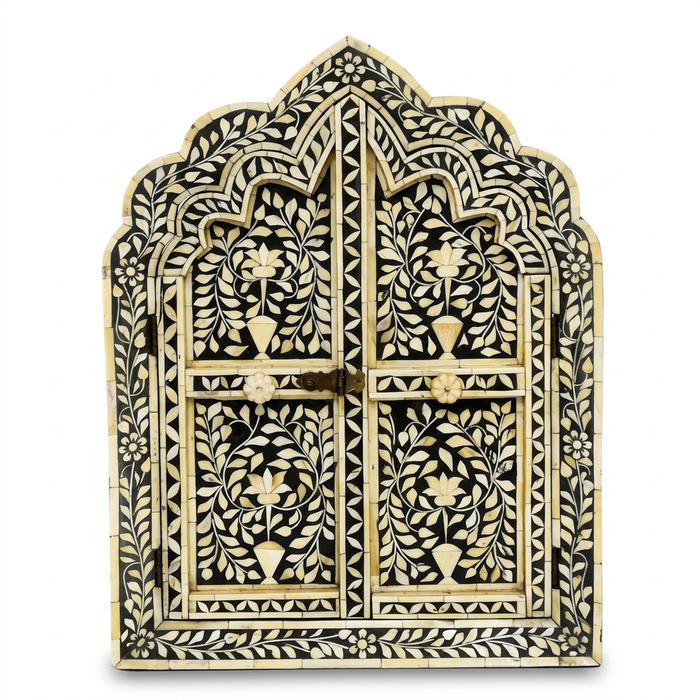 Hand-Inlaid Moorish Arch Cabinet — Camel Bone on Black Resin with Floral Vine Panels