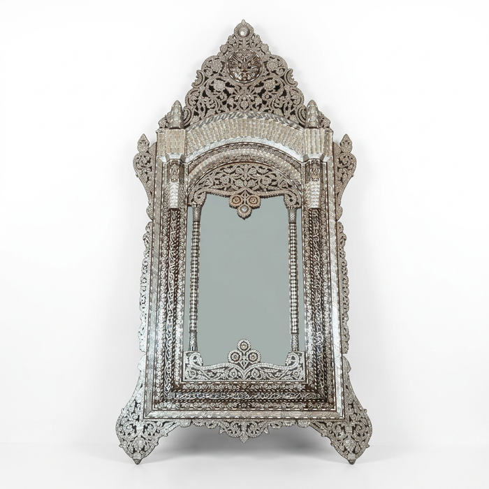 Monumental Antique Mirror — Hand-Inlaid Mother of Pearl & Camel Bone with Pierced Crown