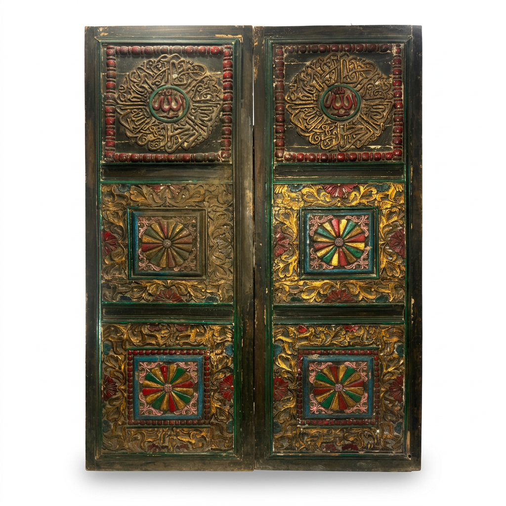 Antique Hand-Carved & Painted Double Door — Gold Calligraphy Medallions & Polychrome Rosette Panels