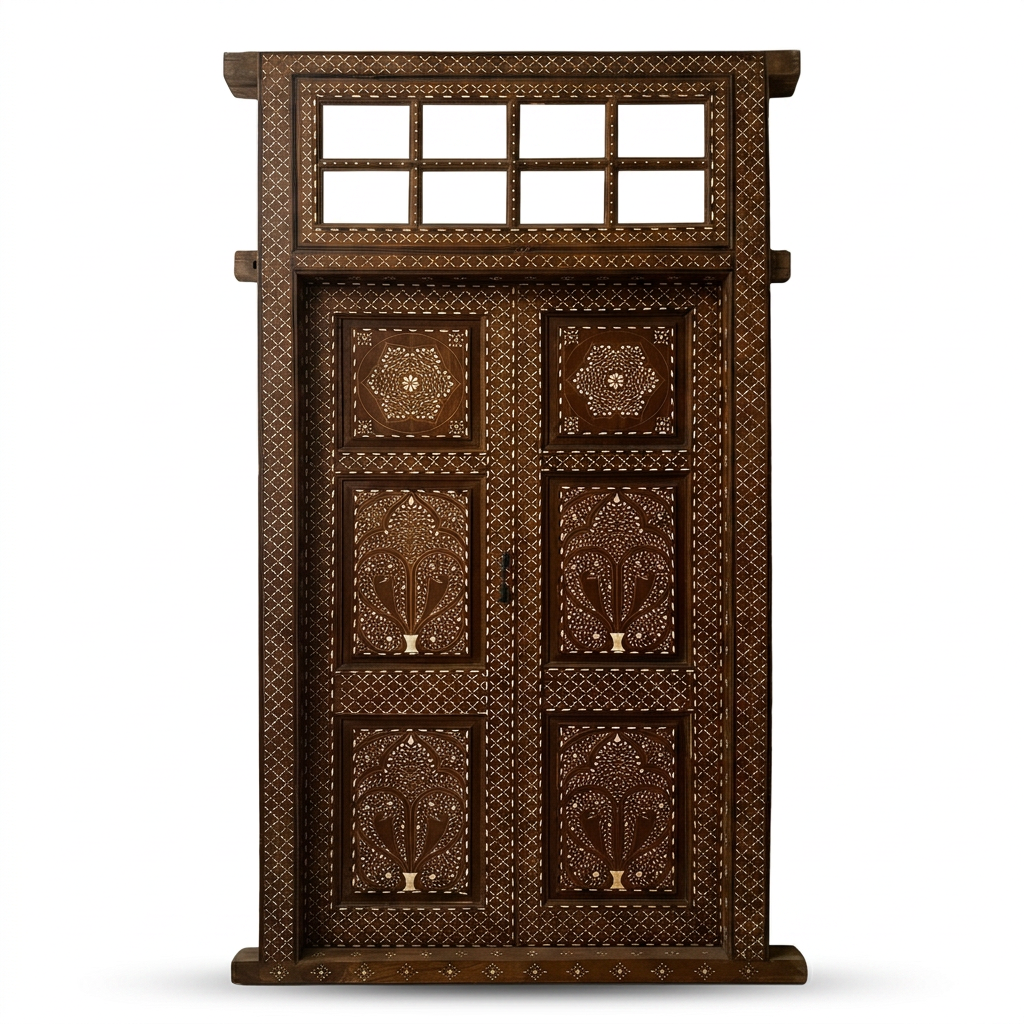 Hand-Inlaid Double Door with Transom — Camel Bone & Wood in Palmette & Rosette Panels