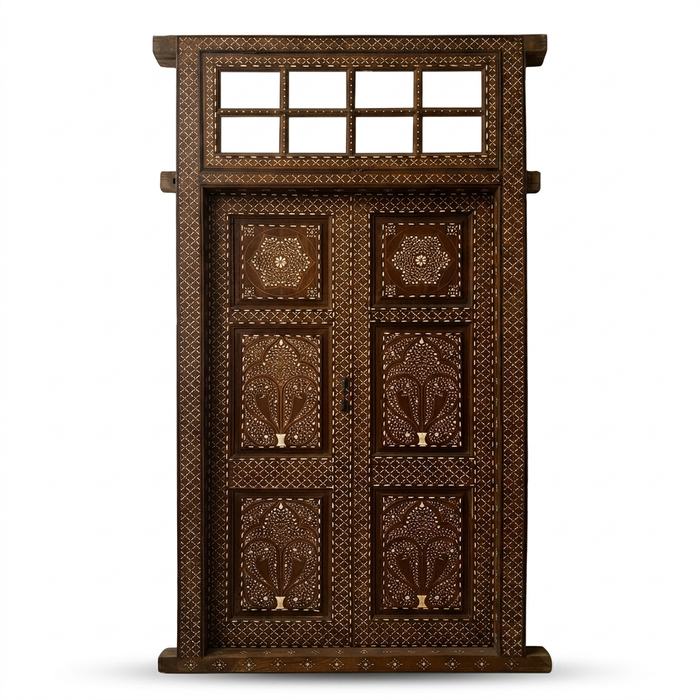 Hand-Inlaid Double Door with Transom — Camel Bone & Wood in Palmette & Rosette Panels