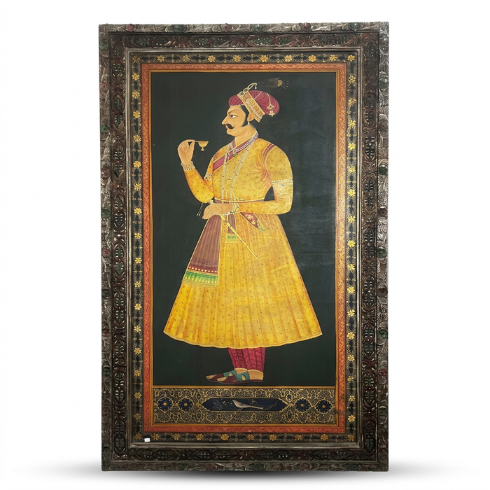 Antique Royal Portrait Painting — Mughal Miniature Style on Canvas in Hand-Carved Wooden Frame