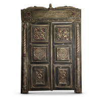 Antique Hand-Carved & Painted Double Door — Calligraphy Frieze with Floral & Rosette Panels