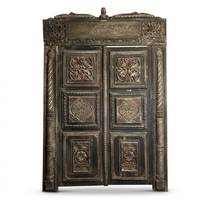 Antique Hand-Carved & Painted Double Door — Calligraphy Frieze with Floral & Rosette Panels