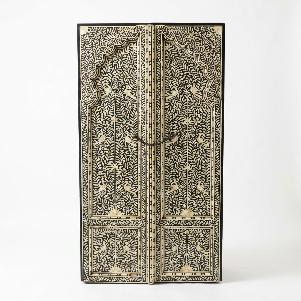 Hand-Inlaid Double Door — Camel Bone on Black Resin with Peacock & Vine Arabesque