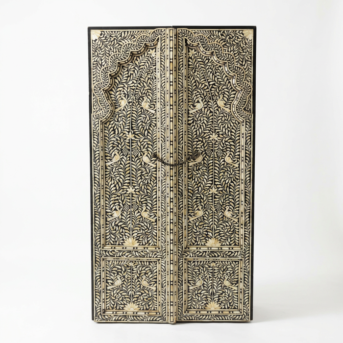 Hand-Inlaid Double Door — Camel Bone on Black Resin with Peacock & Vine Arabesque