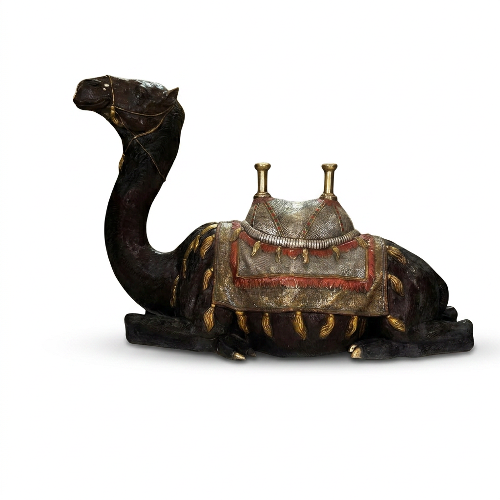 Life-Size Seated Camel Sculpture — Hand-Decorated with Silver & Gold Ceremonial Saddle