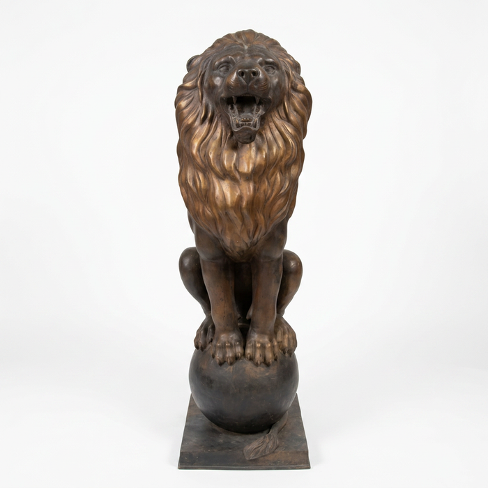Life-Size Bronze Lion Sculptures — Matching Pair of Roaring Sentinels on Globe & Pedestal Base