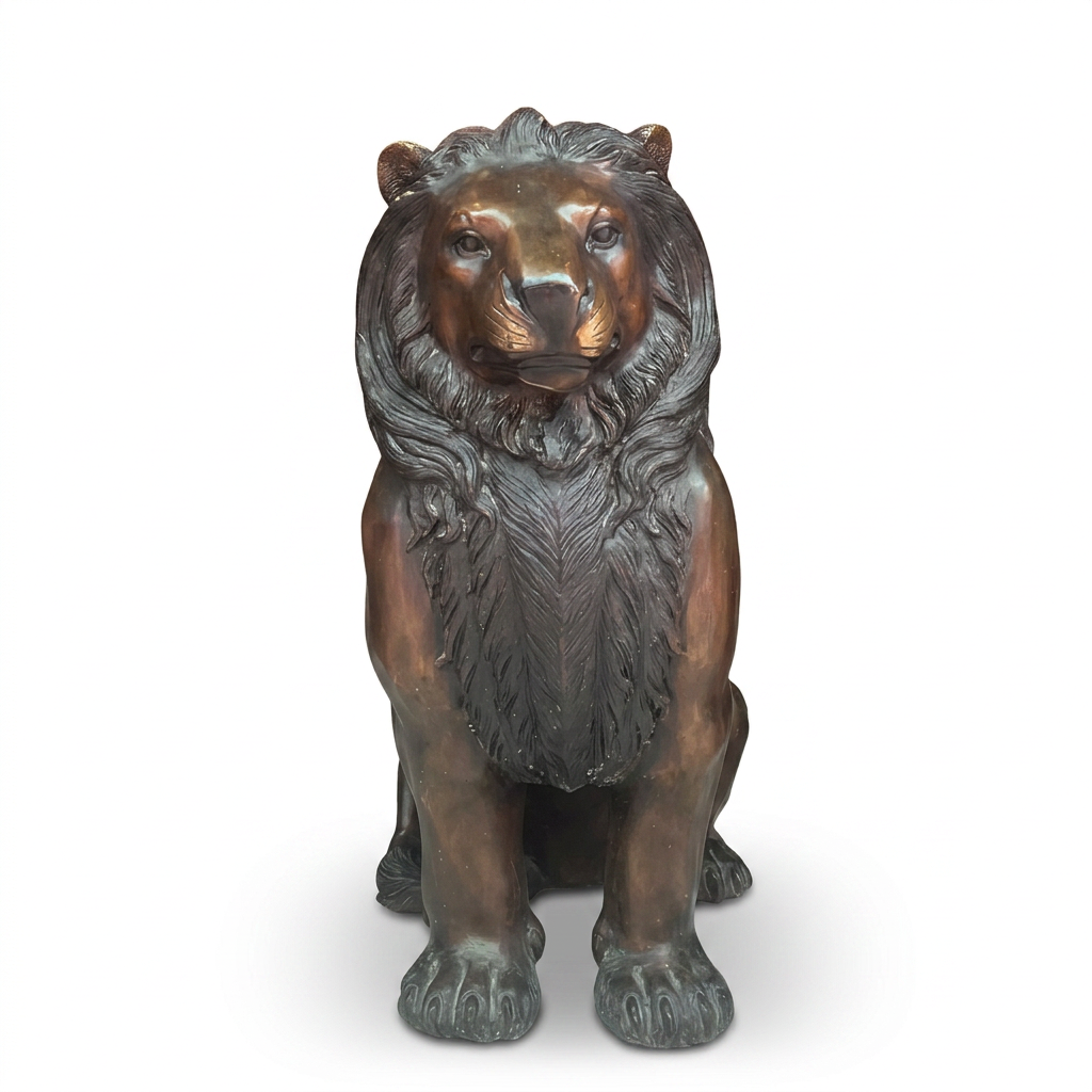 Life-Size Bronze Lion Sculpture — Seated Guardian in Dark Patina