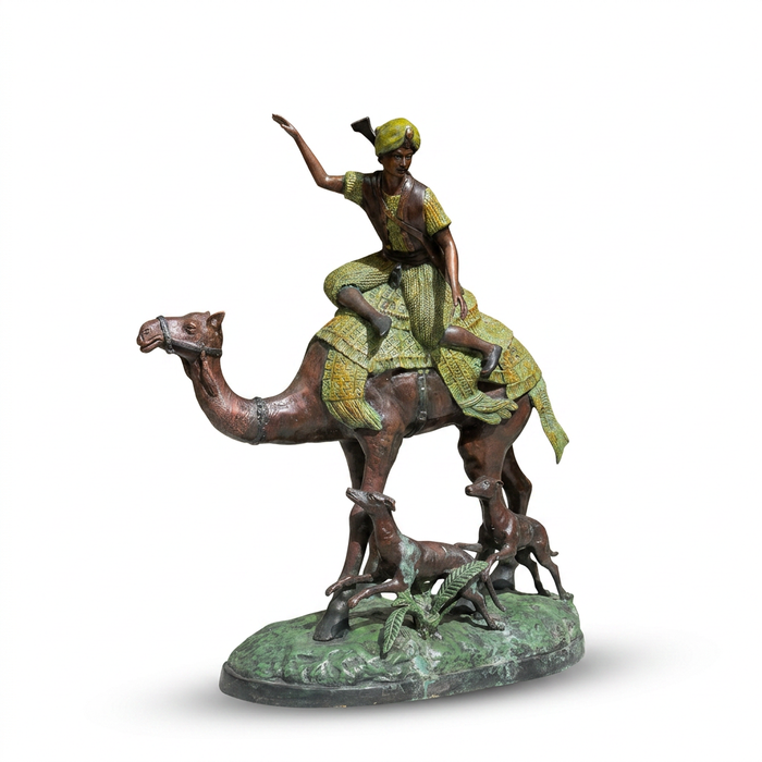 Bronze Orientalist Camel Rider Sculpture — Polychrome Huntsman with Saluki Dogs on Naturalistic Base