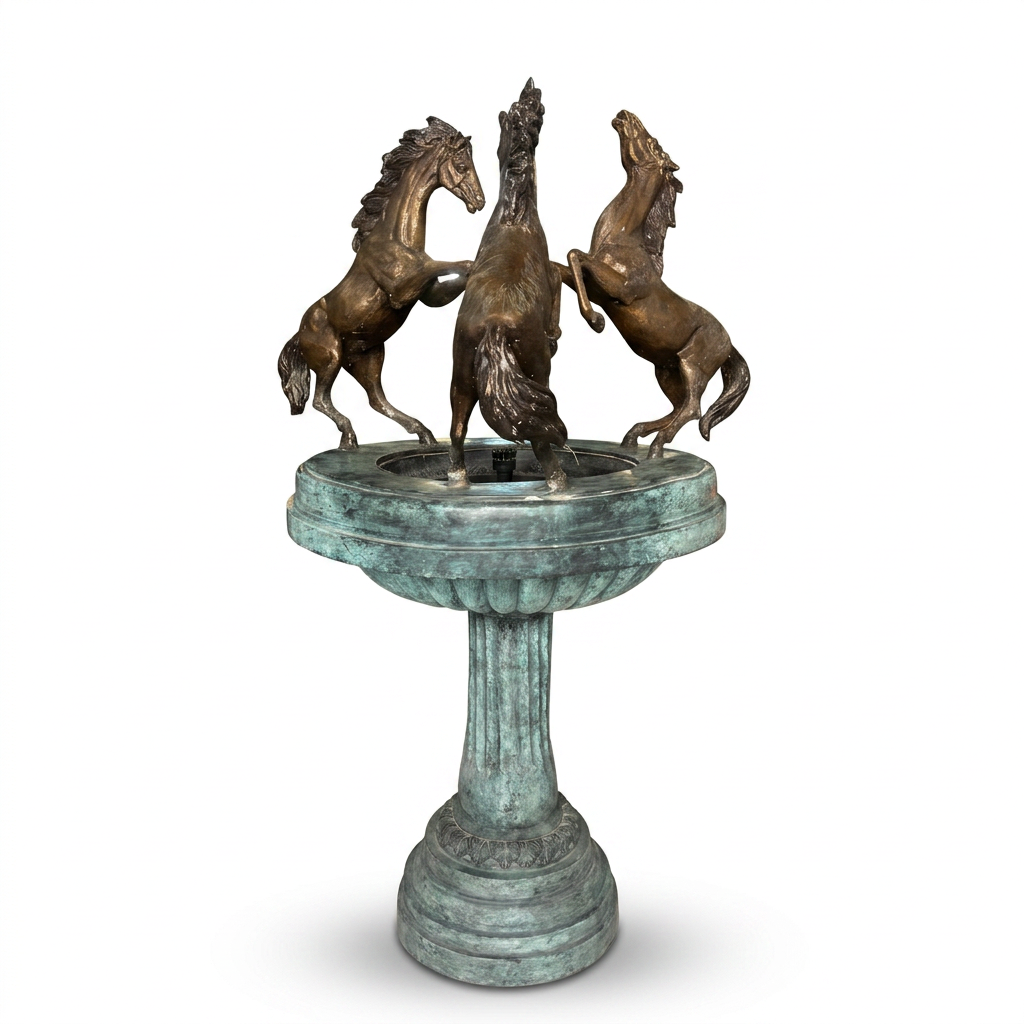 Bronze Horse Fountain — Three Rearing Stallions on Verdigris Column Pedestal