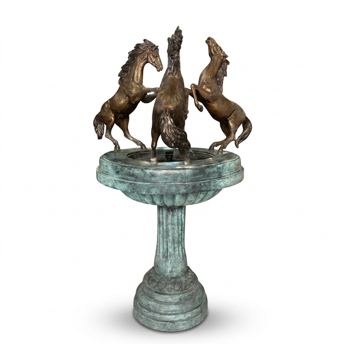 Bronze Horse Fountain — Three Rearing Stallions on Verdigris Column Pedestal