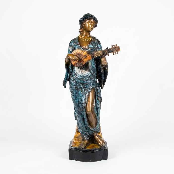 Bronze Female Musician Sculpture — Orientalist Mandolin Player in Polychrome Patina