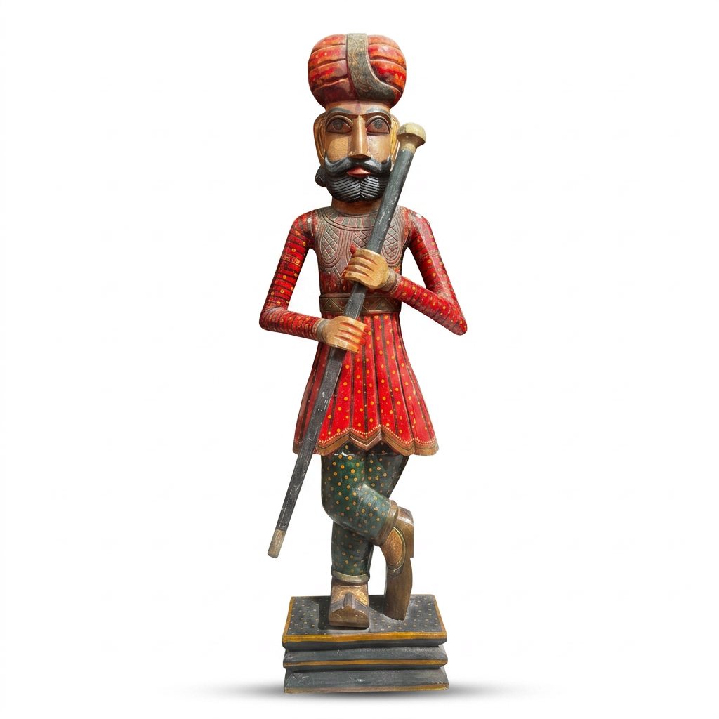 Hand-Carved & Painted Wooden Royal Guard Figurine — Life-Size Rajasthani Sentinel with Staff