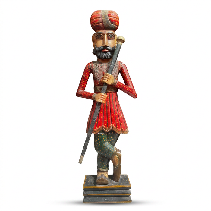 Hand-Carved & Painted Wooden Royal Guard Figurine — Life-Size Rajasthani Sentinel with Staff