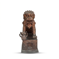 Bronze Fu Dog Guardian Lions — Pair of Foo Dogs on Carved Pedestal in Dark Patina