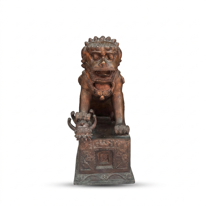 Bronze Fu Dog Guardian Lions — Pair of Foo Dogs on Carved Pedestal in Dark Patina